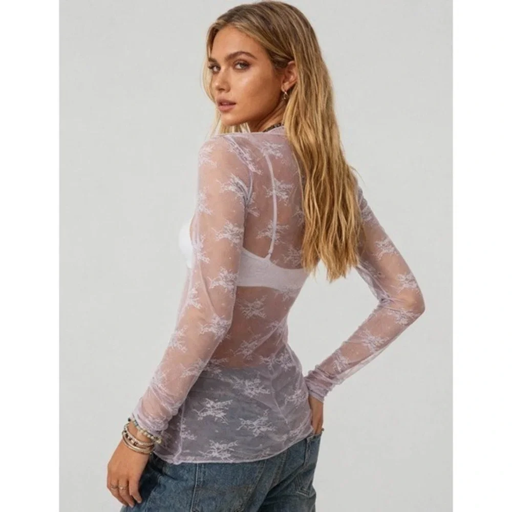 NWT Pink Sheer Floral Lace Top • Coquette Fairycore Mock Neck Long Sleeve Size L - Picture 4 of 7